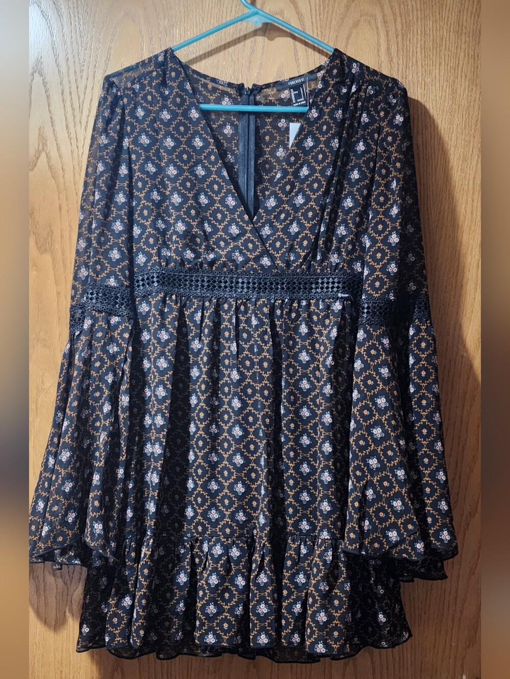 Forever 21 boho Tunic dress black brown geometric Floral Bell Sleeves Lg New